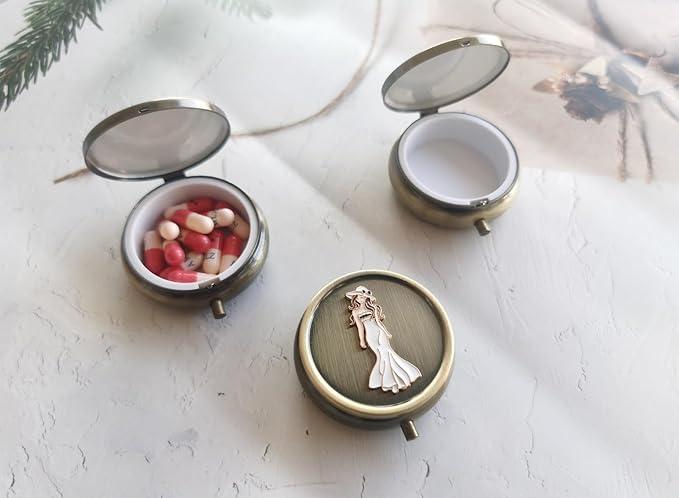 Exquisite Daily Pill Organizer Box - Weekly Vitamin Pill Box Round Metal Pill Box, Small Travel Pill Organizer Box for Purse, Round Compact Travel Medication Case (Beautiful Woman)