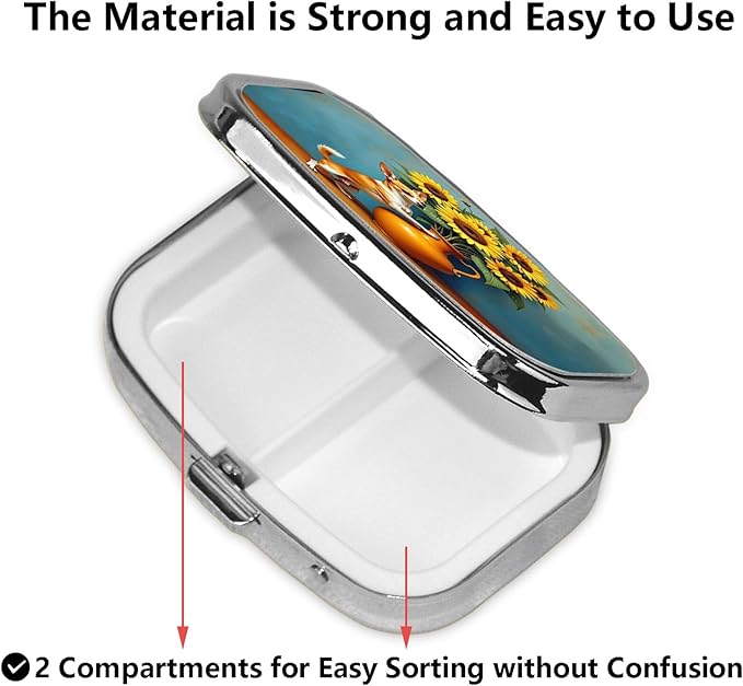 ABLESKY Pill Box, 2 Compartment Pill Organizer Case for Pocket or Purse, Small Portable Metal Travel Medicine Box with Mirror, Daily Vitamins Fish Oil Container-Chihuahua Dog Sunflowers