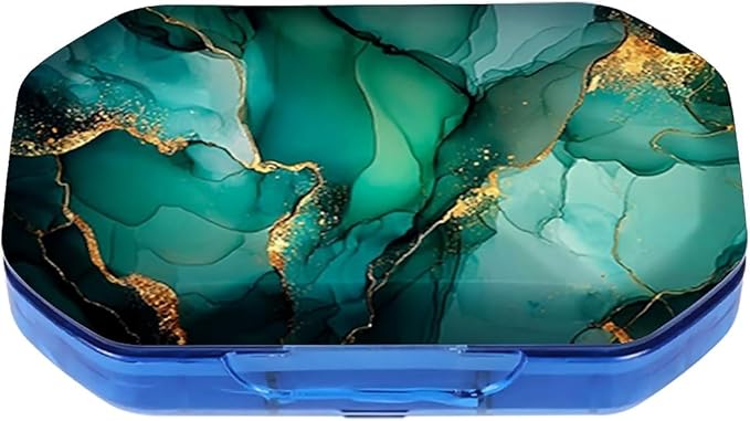 This Portable Teal Gold Marble Pattern 6-Compartment Pillbox Can Be Placed in A Pocket Or Wallet to Store Vitamins, Medicines Fish Oil Health Supplements Other Medications.