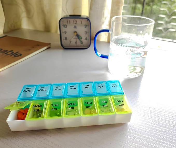 Weekly (7 Day) Pill Organizer, 2 Times a Day AM/PM Pill Case and Planner, Portable Vitamin Containers for Travel(Blue-Green)