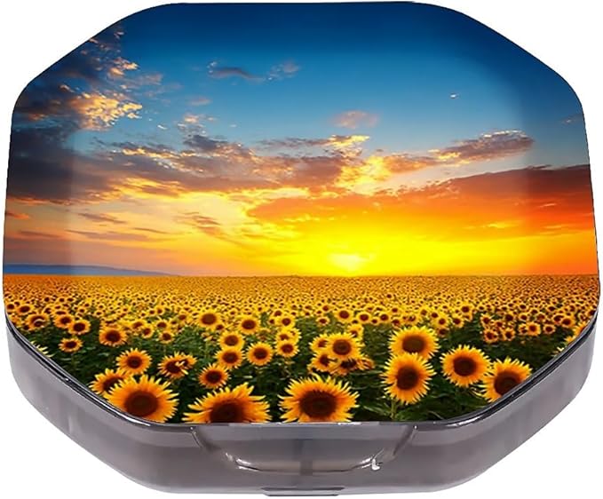 This Portable Sunflowers at Sunset Pattern 4-Compartment Pillbox Can Be Placed in A Pocket Or Wallet to Store Vitamins, Medicines Fish Oil Health Supplements Other Medications.