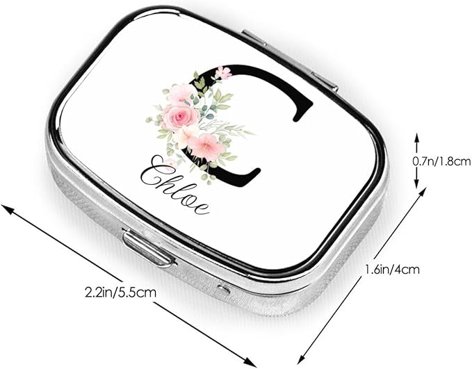 Custom Pill Box Personalized Square Small Pill Case with Mirror Add Your Photo Text Logo Name Decorative 2 Compartment Portable Metal Medicine Container Vitamin Organizer for Pocket Purse Travel (C)