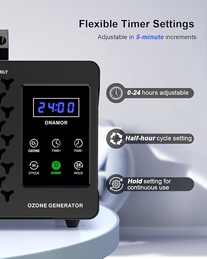 ONAMOR Digital Ozone Generator Odor Eliminator 180,000mg, High Capacity Ozone Machine Odor Removal Up to 8,000 Sq.Ft, Ozone Odor Eliminator, Ionizer Ozonator for Home, Car, Smoke, Pet Room (Black)