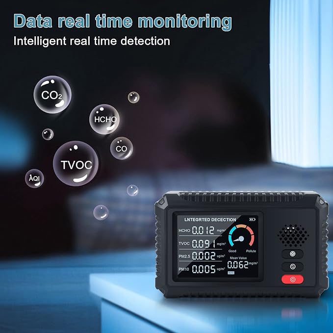 Air Quality Monitor Indoor Outdoor Air Quality Detector Portable Measures CO2 TVOC HCHO, Monitors Dust, Smoke, PM 2.5 Air Pollution, for Home Office, Reduce Your Exposure to Air