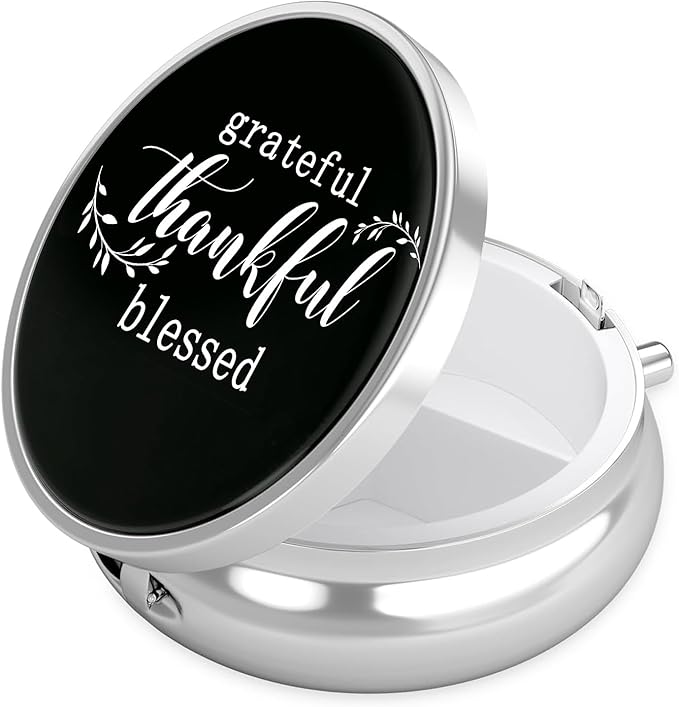 Thankful Grateful Blessed Pill Case, Pill Box 3 Compartments Metal Small Pill Holder with Mirror Mini Travel Pill Container for Purse Pocket Women Men