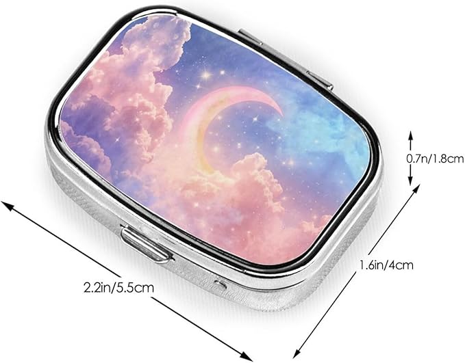 Dreamy Moon and Stars in Cloud Pill Box with Mirror 2 Compartments Square Pill Organizer for Pocket