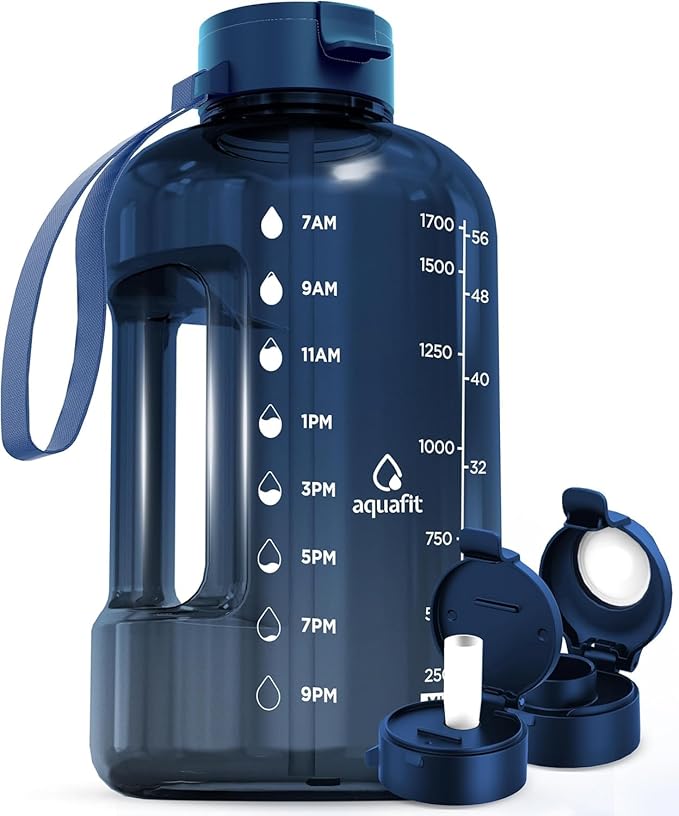 AQUAFIT 64 oz Water Bottle with Time Marker - Straw & Chug Lid - BPA Free Half Gallon Gym Water Bottle with Handle - Big Gallon Jug (Nebula, 64 Ounces)