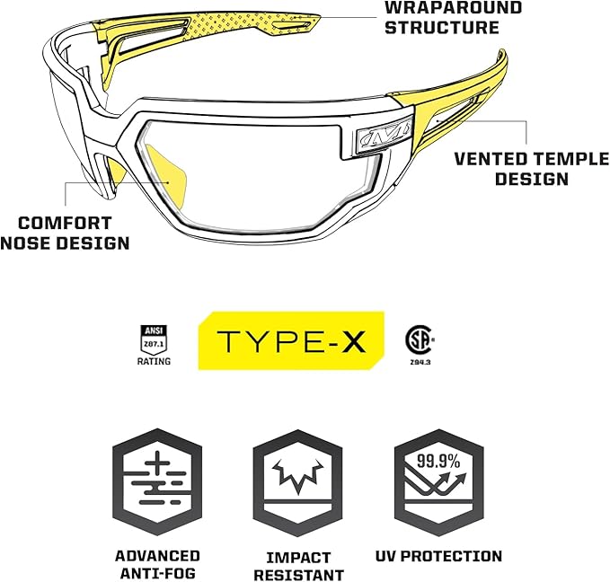 Mechanix Wear: Vision Type-X Safety Glasses with Advanced Anti Fog, Scratch Resistant, Black Frame, Protective Eyewear, Lightweight Glasses, Ventilated Temples, For Outdoor Use (Fire Mirror Lens)