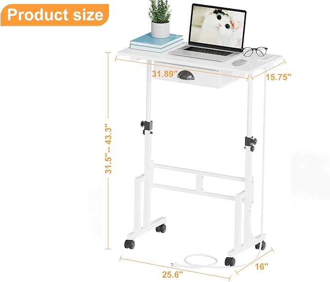 Small Adjustable Height Standing Desk with Storage Drawers, Rolling Sit Stand Up Desk with Wheels Charging Station, Adjustable Mobile Portable Table for Walking Pad Laptop Treadmill Computer