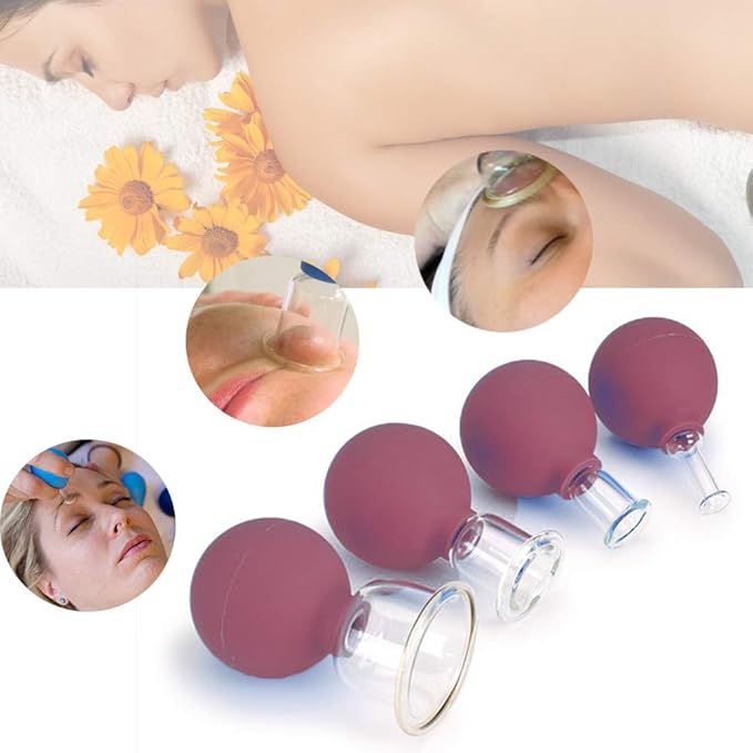 FeelFree Sport Glass Facial Cupping Set- 4pcs Silicone Vacuum Suction Face Massage Cups Anti Cellulite Lymphatic Therapy Sets for Eyes, Face and Body (Rose red)