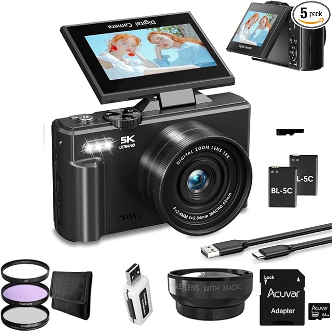4K/5K Digital Camera for Photography & Video – UHD Vlogging Camera with WiFi, Autofocus, 3" Flip Screen, 18X Zoom – Compact Creator Kit with Lens, Filters & Case (Black)