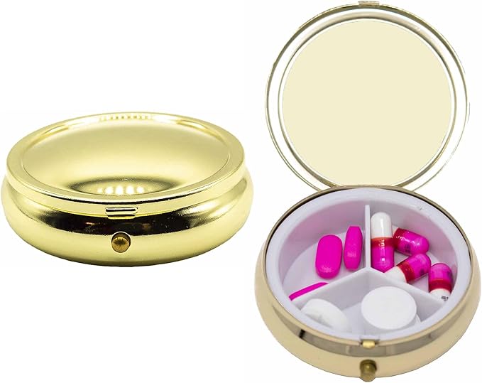 Set of 2 Circular Embossed Triple-Compartment Pocket Purse Pill Box & Organizer (Gold Curved)