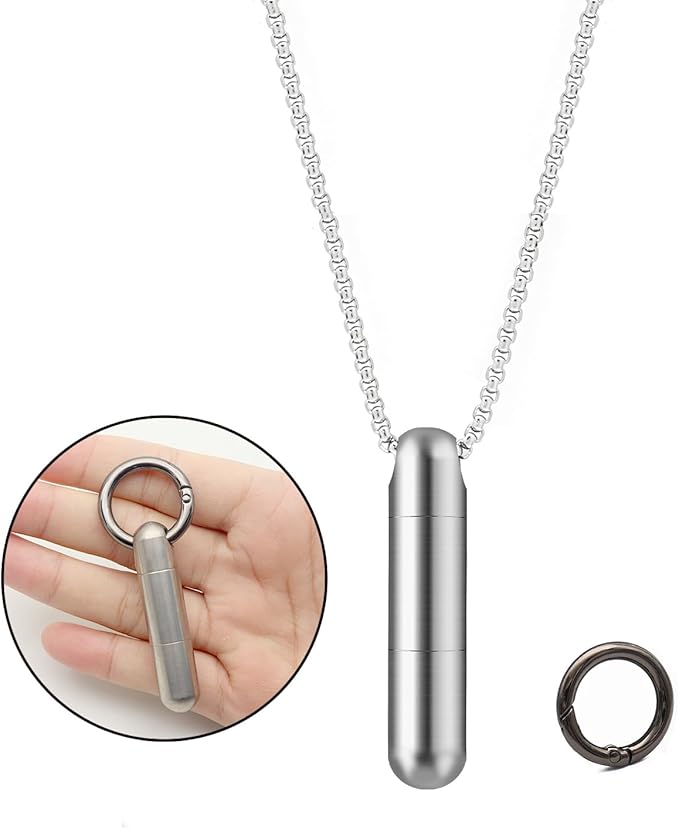 Extended Small Pill Case Necklace Titanium Mini Pill Case with Necklace Chain Tiny Pill Container for Men Waterproof Pill Holder Emergency Aspirin & Nitro Pill Case