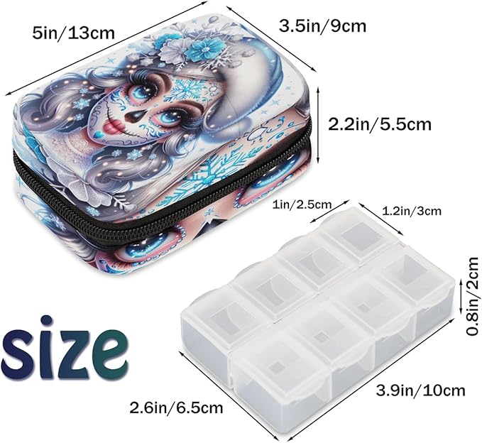 Winter Sugar Skull Girl Travel Pill Organizer Box Weekly Portable Pill Case Daily Pills 7 Day Small Birth Control Pills Container Removable Compartments for Medicine Vitamins Fish Oil