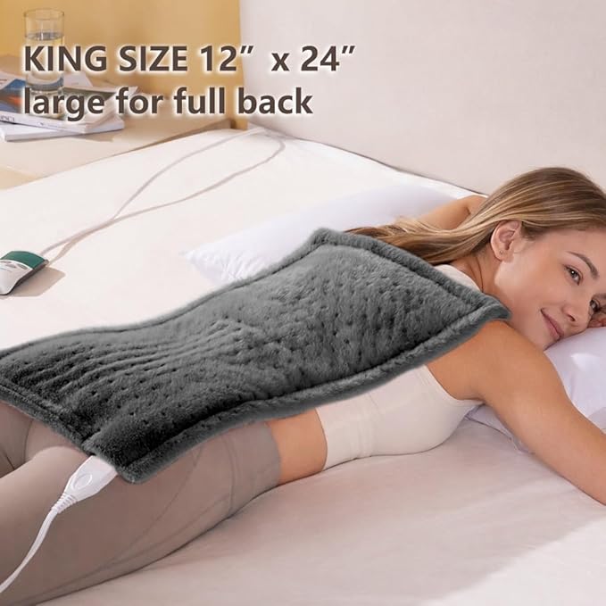 Boncare® Ultra Plush XL Heating Pad for Neck and Shoulder and Back with Auto-Off, Stay-On Warmth Up to 18 Hours, 6 Heat Levels, 12.6 ft Cord for Bed Foot Warmer with Gift Box (Cloud Gray, 12"x24")