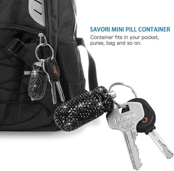 Portable Pill Case Pill Container Waterproof Pill Holder with Keychain Bling Pill Box Medicine Dispenser Bottle Storage for Outdoor Camping Travel (Black)