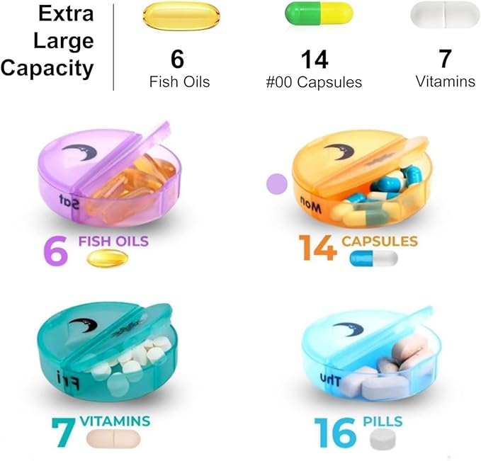 Large Weekly Pill Organizer 2 Times a Day, Vitamin Box, Convenient and Easy to Use, X-Large Pop-Out Compartments, Daily Pill Box AM PM Pill Case for Medicine/Vitamin/Fish Oil/Supplements (7 Color)