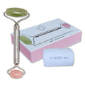 Rose Quartz + Jade Roller for Face and Neck Massage, Dual Gemstones with Durable Steel Handle and Travel Bag. Minimize Wrinkles, Reduce Puffiness and Restore Skin's Elasticity and Radiance