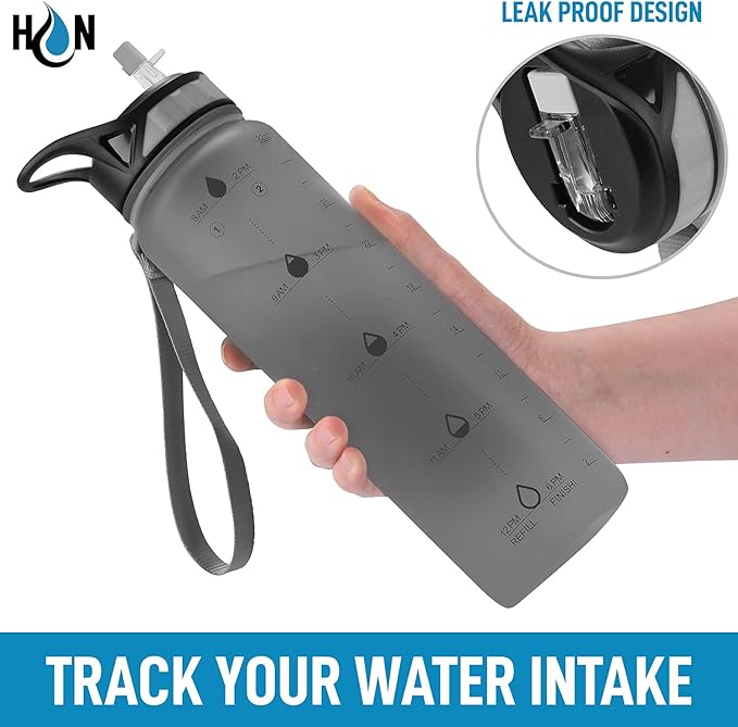 Hydration Nation (32oz Water Bottle With Time Marker - Leak Proof Water Bottles With Times To Drink For Fitness & Sports - 32oz Water Bottle With Straw For Drinking - Water Tracker Bottles (Gray)