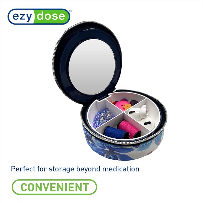 EZY DOSE Travel Pill Organizer with Built-in Mirror, Features Zippered Flower Case, Compact and Portable Medication Case for Daily Vitamins, Pills, and Medicine, Ideal for Travel and On-The-Go Use