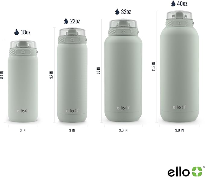 Ello Cooper 40oz Stainless Steel Water Bottle with Straw and Carry Handle, Double Walled and Vacuum Insulated Metal, Leak Proof Locking Lid with Soft Silicone Spout, Reusable, BPA Free, Sage