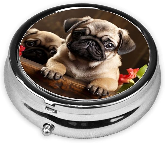 Puppys Pug Print Pill Box 3 Compartment Small Pill Case Portable Pill Box for Pocket Or Purse Cute Medicine Organizer Holder to Hold Vitamins Medication