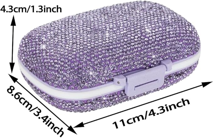 Daily 6 Compartments Pill Box Container Bling Diamond for Purse Medicine Container Holder for Women Travel Kit Medicine (Purple)