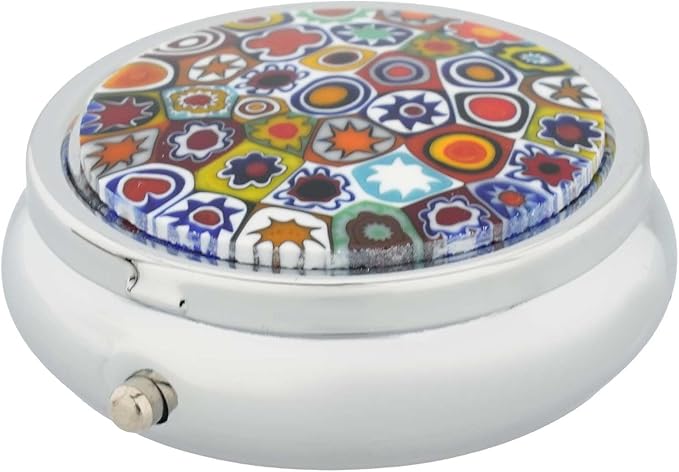 Glass Of Venice Murano Glass Small Millefiori Pill Box - Silver Round