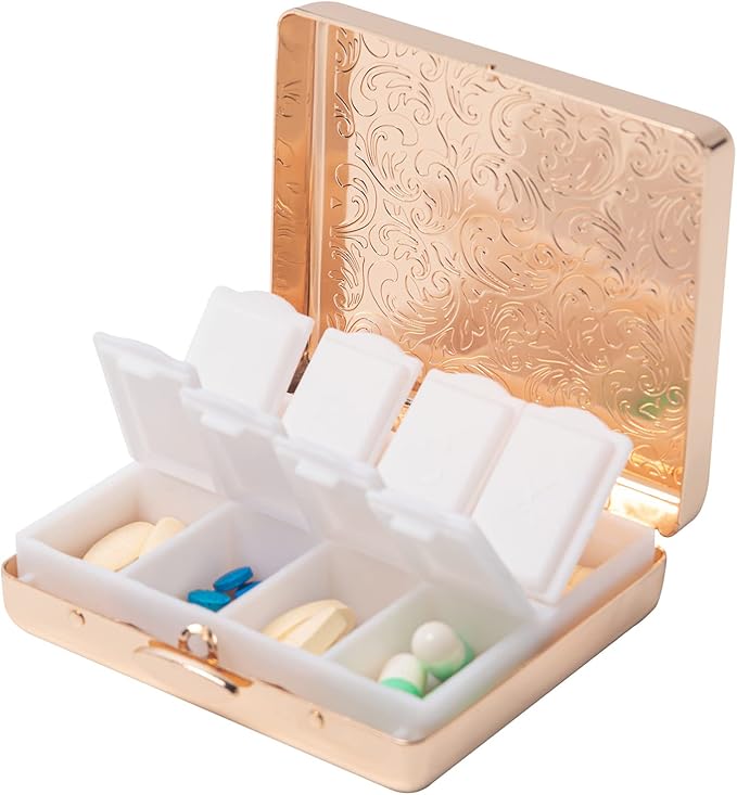 Fashion Elegant Medicine Portable Double Protection Switch Metal Travel Pill Box (7 Days) /8 Compartment (Champagne Gold)