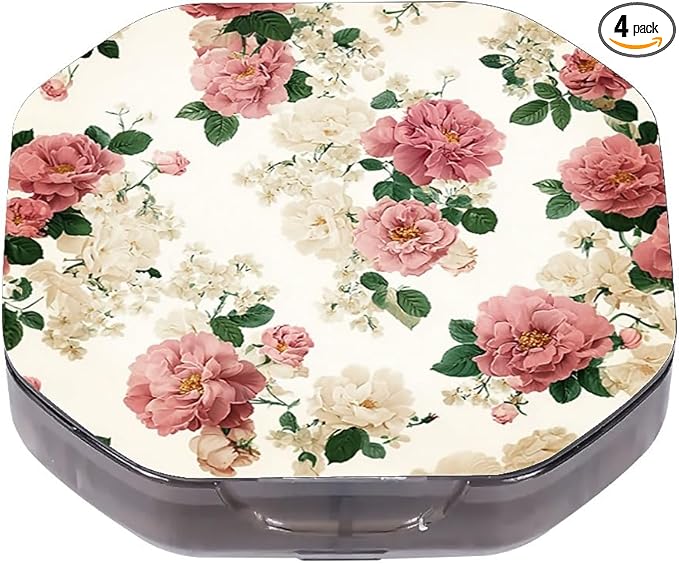 This Portable Vintage Rose Floral Pattern 4-Compartment Pillbox Can Be Placed in A Pocket Or Wallet to Store Vitamins, Medicines Fish Oil Health Supplements Other Medications.