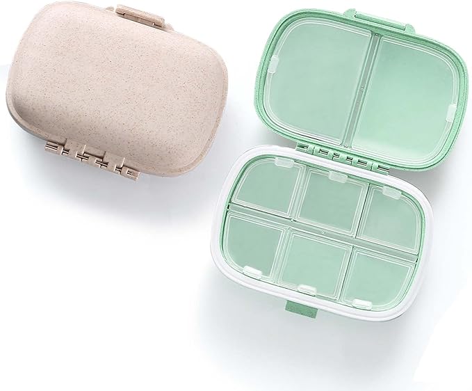 8 Compartments Travel Pill Organizer, Daily Pill Case Small Pill Box for Pocket Purse, Portable Pill Container Medicine Vitamin Organizer (Cyan & Khaki)