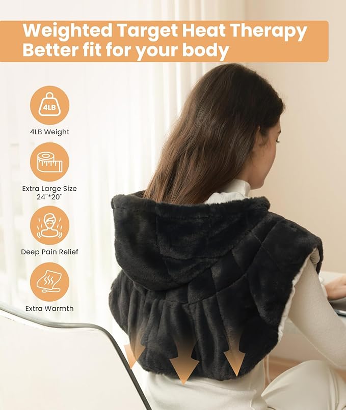 Weighted Hooded Heating Pad for Neck and Shoulders, Extra Large Electric Heat Pad for Deeper Pain Relief, 24"x 20", 6 Heat Settings, Memory Function, 2H Auto-Off, 4lb Weighted, Gifts for Women Men