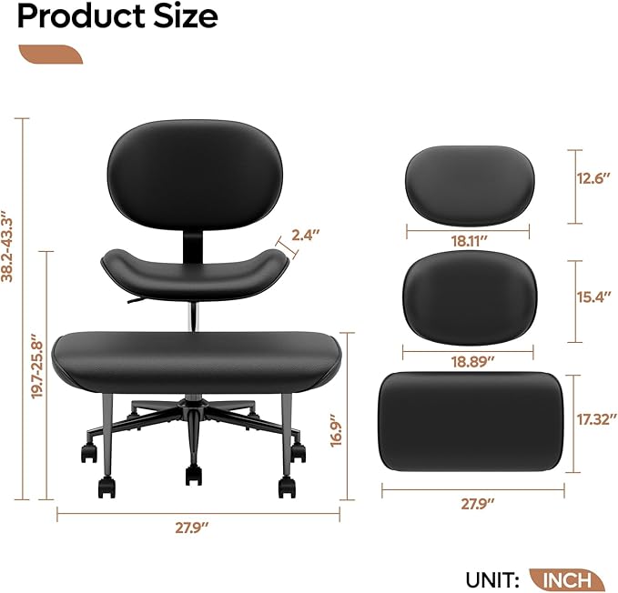 Upgraded Cross Legged Office Chair with Wheels, ADHD Chair for Adults, Wider Height Adjustable Backrest and Seat, Meditation Chair, Ergonomic & Yoga Office Chair, PU Leather, Black