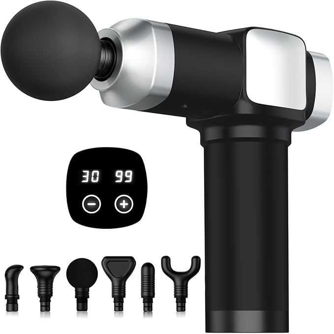 Deep Tissue Massage Gun, Portable Percussion Electric Muscle Massager for Pain Relief, Handheld Massagers with 30 Speeds & 6 Attachments for Back and Neck, Gifts for Men Women