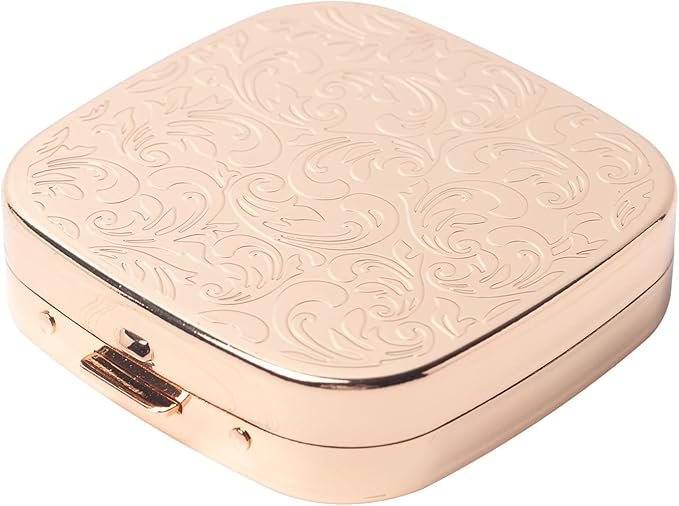 Fashion Elegant Medicine Portable Double Protection Switch Metal Travel Pill Box with Mirror (Small, 3 compartments, Gold)