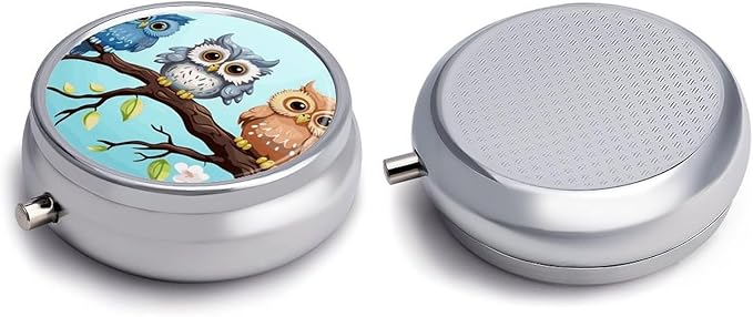 Owls on A Branch Pill Box Travel Pill Case for Purse Pocket Weekly Medicine Organizer with Mirror 3 Compartment Round Medicine Case Portable PillcaseHolder for Daily