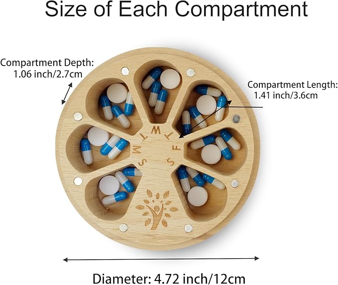 Wood Weekly Pill Organizer for Medicine Vitamin,Arthritis Friendly 7-Day Pill Box Medium Compartments Holder,Daily Portable Travel Pill Case with Velvet Bag