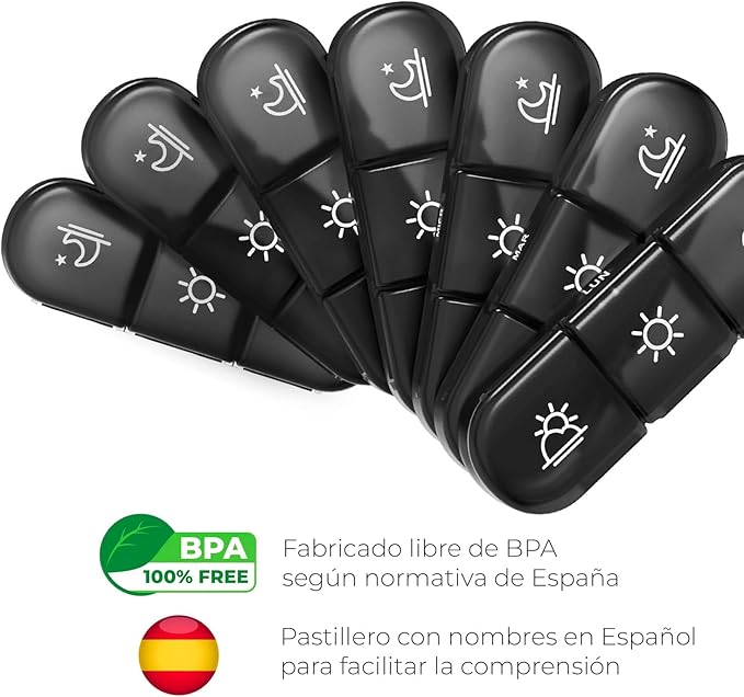 Weekly Pill Box 3 Takes 100% in Spanish – COLOR: BLACK | 7 Individual Pill Boxes for Each Day in Spanish with 21 Compartments (3 Daily Shots) | Travel Pill Organizer | Nexum Market
