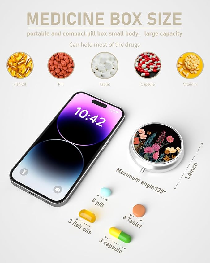 Pill Box, 3 Compartment Portable Travel Medicine Box with Mirror, Compact and Cute, Fits in Purse and Pocket, Medicine and Vitamin Organizer (Flower Bed)