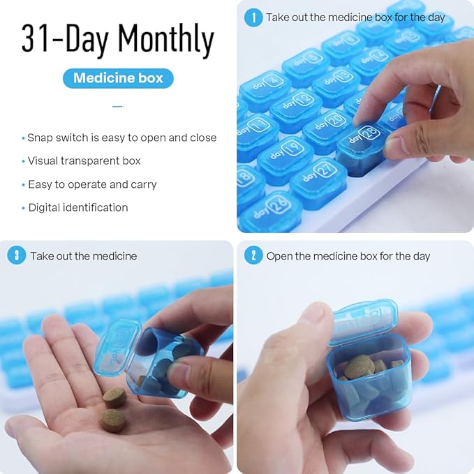 Monthly Pill Organizer, Large Travel Pill Box 31 Day, Daily Pill Case, Pill Holder Container for Vitamin, Medicine, Supplement, Fish Oil, Blue