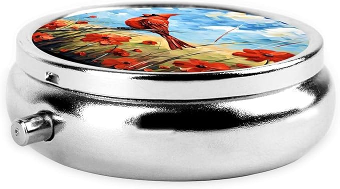 Flower Poppy Cardinal Pill Box 3 Compartment Pill Case, Portable Medicine Pill Organizer for Pocket Purse Pill Box Decorative Metal Medicine Vitamin Organizer
