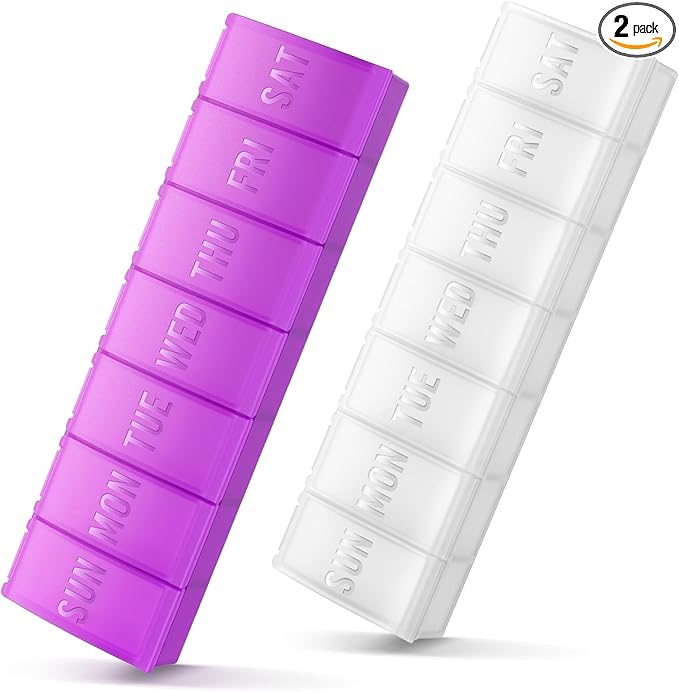 Large Pill Organizer 2 Pack, Easy-Open Weekly Pill Organizer, XL Daily Pill Organizers, 7 Day Medicine Pill Organziers, Medicine Box 7 Day for Large Vitamin Supplements (White+Purple)