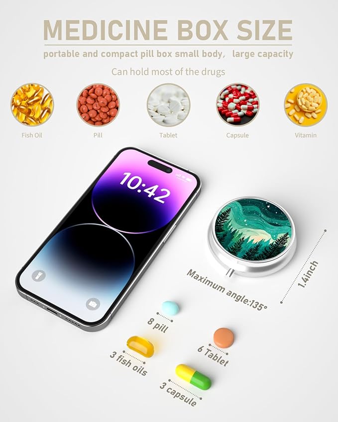 Pill Box, 3 Compartment Portable Travel Medicine Box with Mirror, Compact and Cute, Fits in Purse and Pocket, Medicine and Vitamin Organizer (Forests)