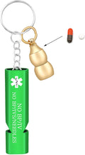 No BP/IV Alert Keychain with Green Emergency Whistle – Brass Gourd Pill Storage Case Keychain for Medical Use, Waterproof Design for Hospitals, Travel, and Outdoor Safety