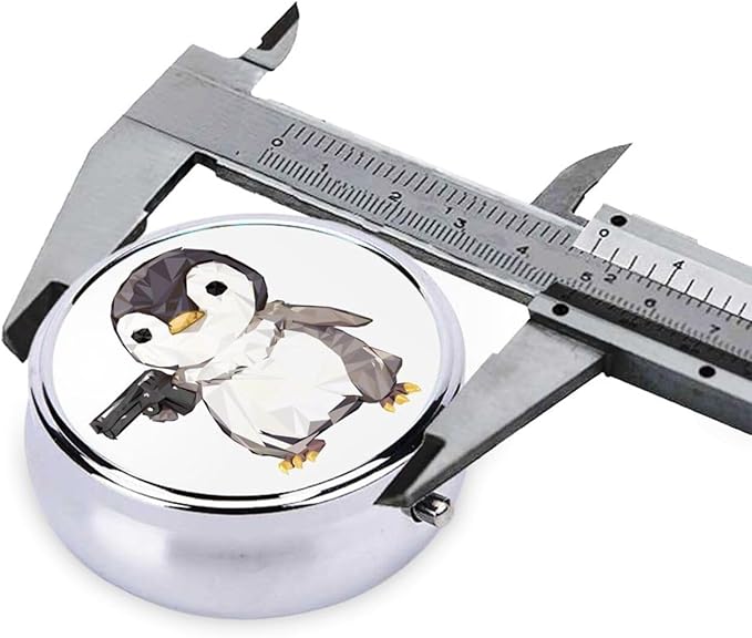 Cartoon Penguin Printed Round Travel Pill Box Cute Small Metal Pocket Pill Case for Men & Women 3 Compartment Portable Pill Organizer for Purse or Pocket