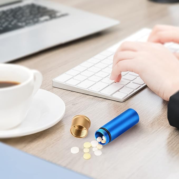 Tactical Mini Pill Case, Durable Metal Small Pill Holder for Pocket or Purse, Waterproof Medicine Bottle for Travel, EDC, Outdoors - Blue