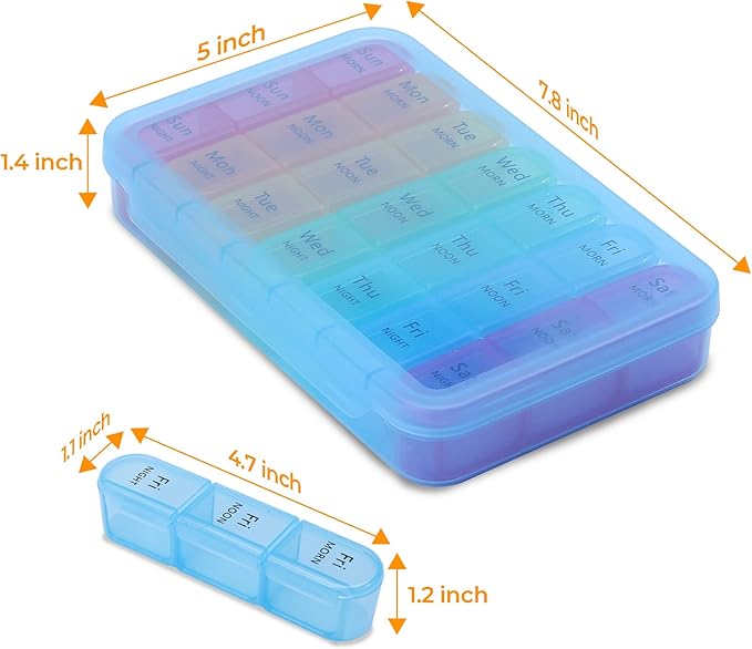 Daviky Pill Organizer Travel, Weekly Pill Organizer 3 Times a Day, Pill Box 7 Day, Pill Cases Organizers 7 Day, Daily Pill Box Organizer, Medicine Organizer to Hold Vitamins and Medication (Blue)