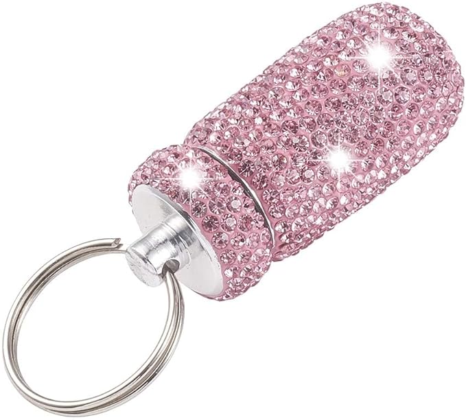 XhuangTech Waterproof Keychain Pill Box Bling Round Medicine Organizer Holder Container Aluminum Portable Mini Bottle Storage Case for Outdoor Travel Camping Purse Pocket (Pink)