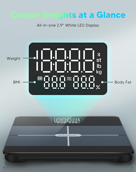 Arboleaf Smart Scale with BMI, Body Fat, Muscle Mass, Digital Bathroom Scale for Body Weight, 14 Body Composition Metrics, Large LED Display, Accurate Weighing Machine, App Sync, 400lbs, 10.2"