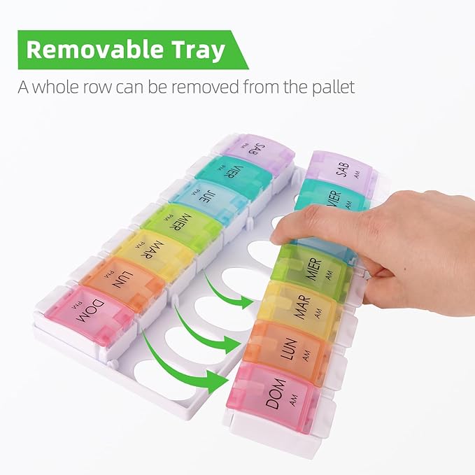 Spanish Pill Organizer 7 Weekly Two Times per Day AM PM with Spring Open Design, Medication Organizer Spanish, Vitamin Planner, Organizador de Pastillas en Español, Spanish Pill Box